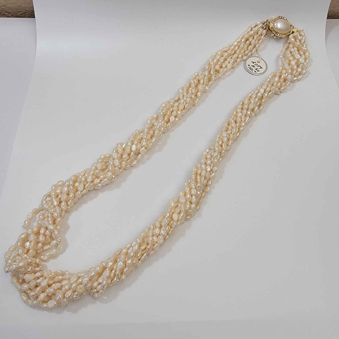 9 Strand Biwa Freshwater Pearl Torsade Necklace With Pearl Embellished Box Clasp
