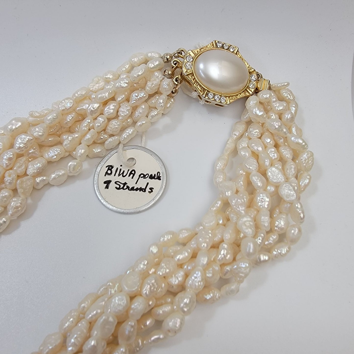 9 Strand Biwa Freshwater Pearl Torsade Necklace With Pearl Embellished Box Clasp