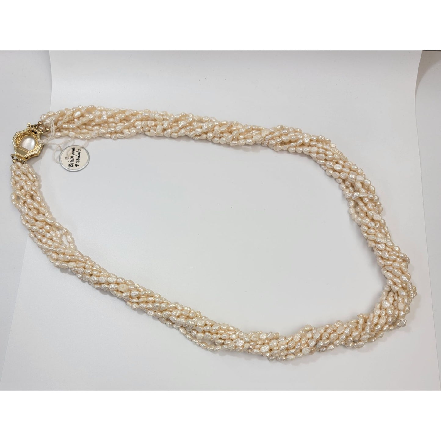 9 Strand Biwa Freshwater Pearl Torsade Necklace With Pearl Embellished Box Clasp
