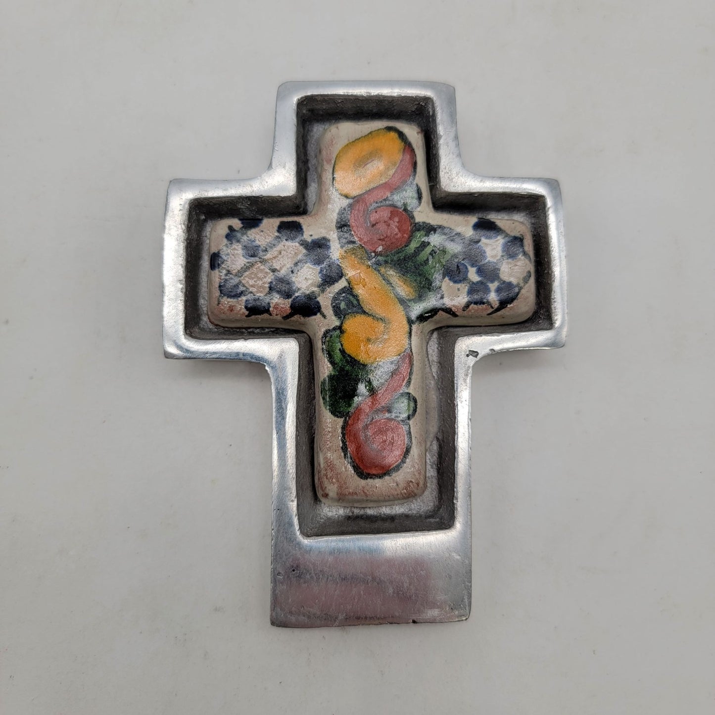 Talavera Mexican Pottery Cross In Pewter Wall Hanging