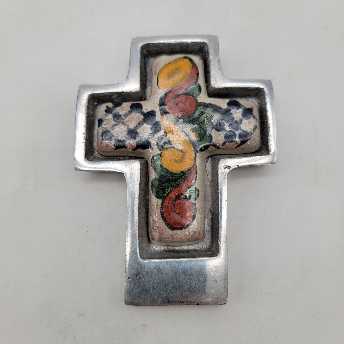 Talavera Mexican Pottery Cross In Pewter Wall Hanging