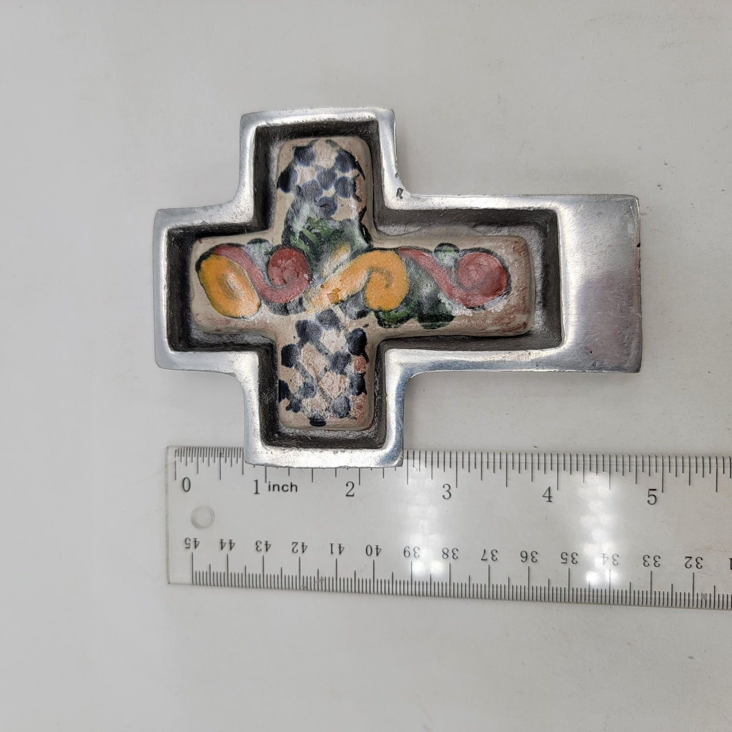 Talavera Mexican Pottery Cross In Pewter Wall Hanging