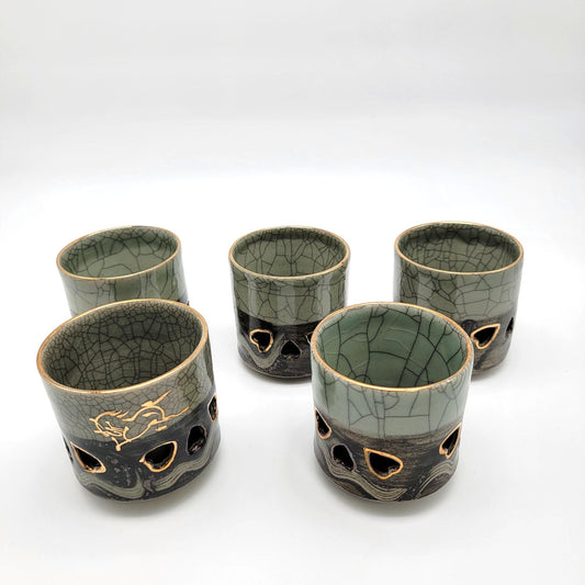 Vintage Somayaki Soma Ware Double Wall Tea Cups Set Of 5 Japanese Green Crackle