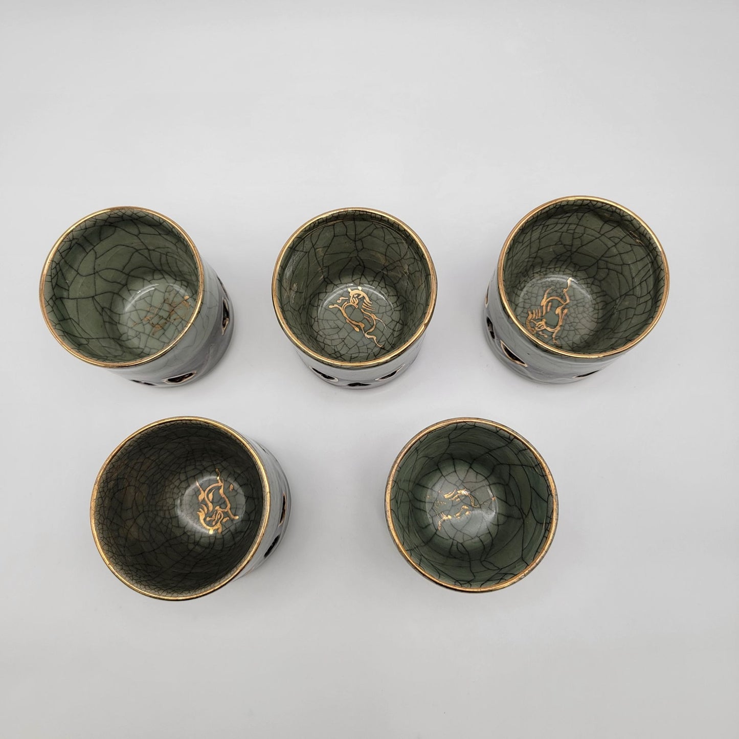 Vintage Somayaki Soma Ware Double Wall Tea Cups Set Of 5 Japanese Green Crackle