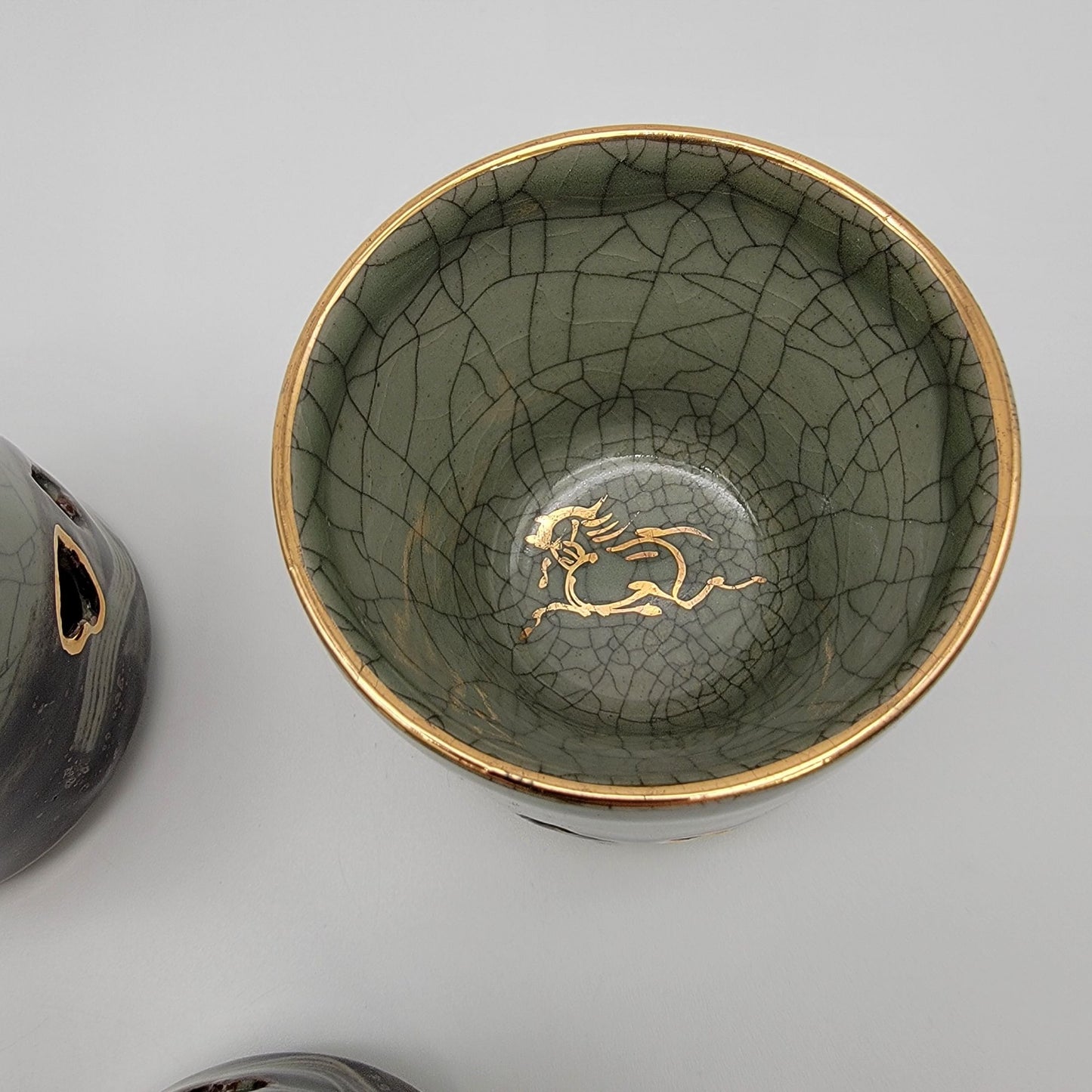 Vintage Somayaki Soma Ware Double Wall Tea Cups Set Of 5 Japanese Green Crackle