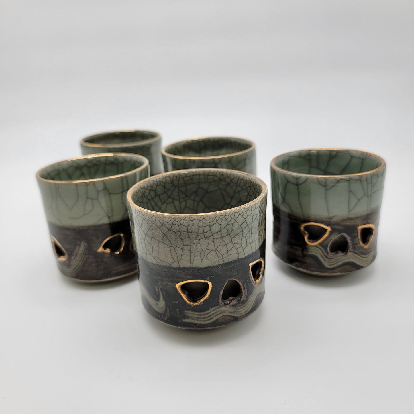 Vintage Somayaki Soma Ware Double Wall Tea Cups Set Of 5 Japanese Green Crackle