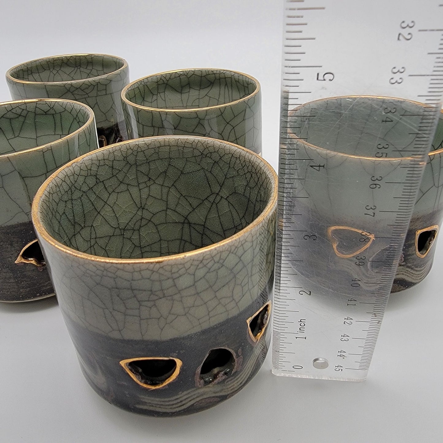 Vintage Somayaki Soma Ware Double Wall Tea Cups Set Of 5 Japanese Green Crackle