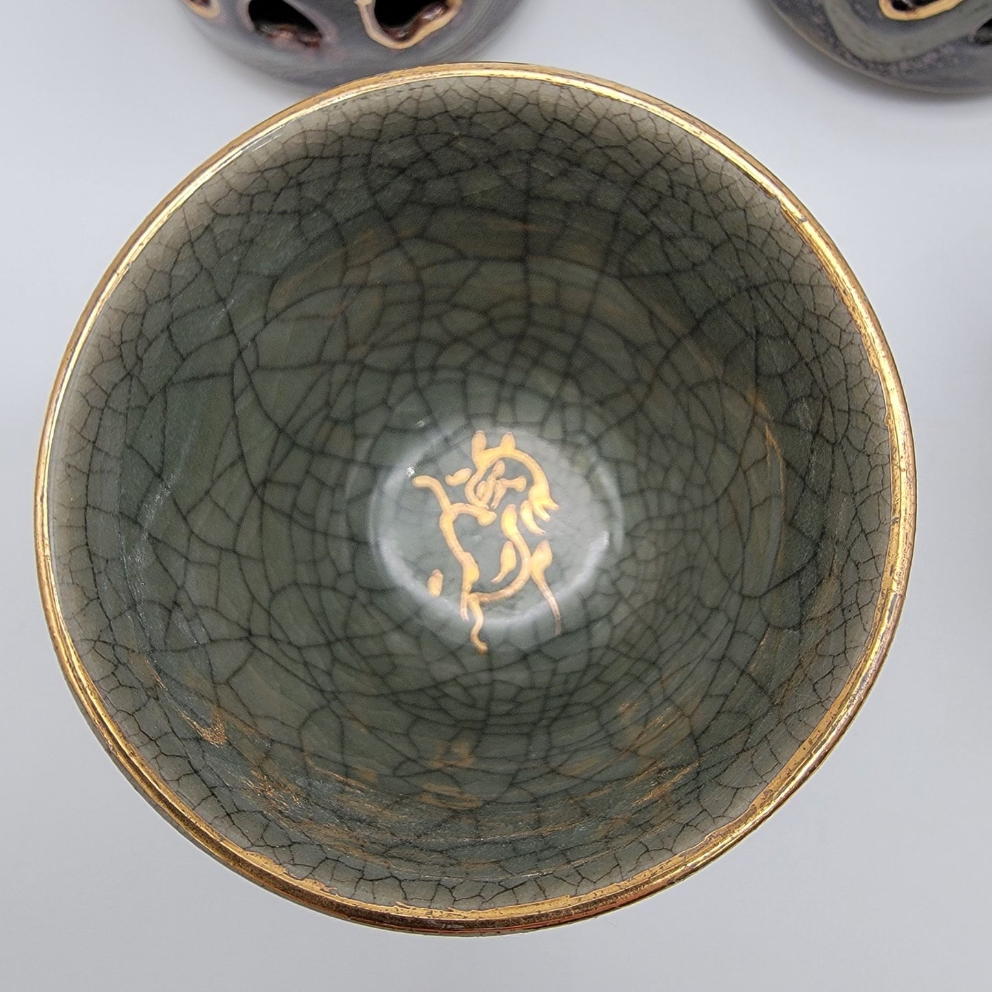 Vintage Somayaki Soma Ware Double Wall Tea Cups Set Of 5 Japanese Green Crackle