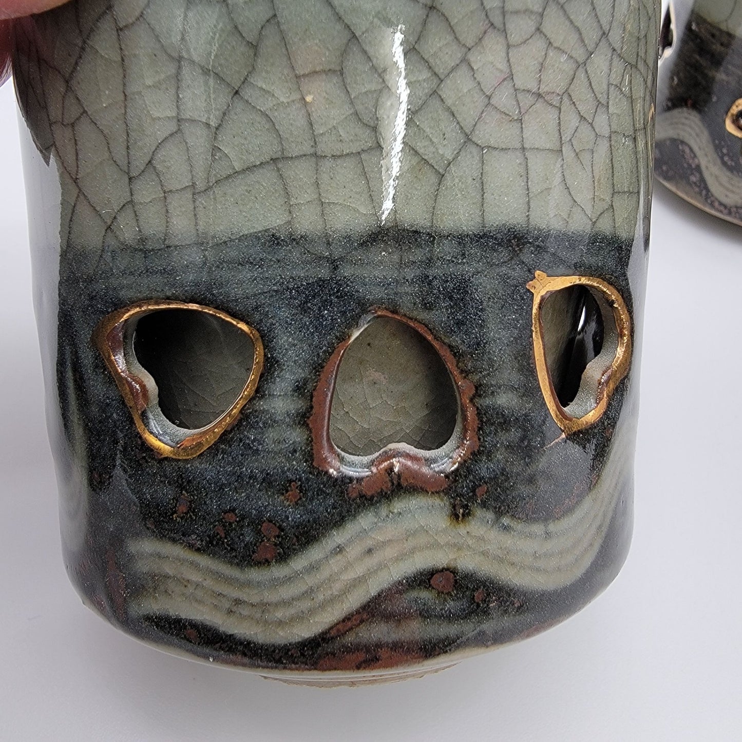 Vintage Somayaki Soma Ware Double Wall Tea Cups Set Of 5 Japanese Green Crackle
