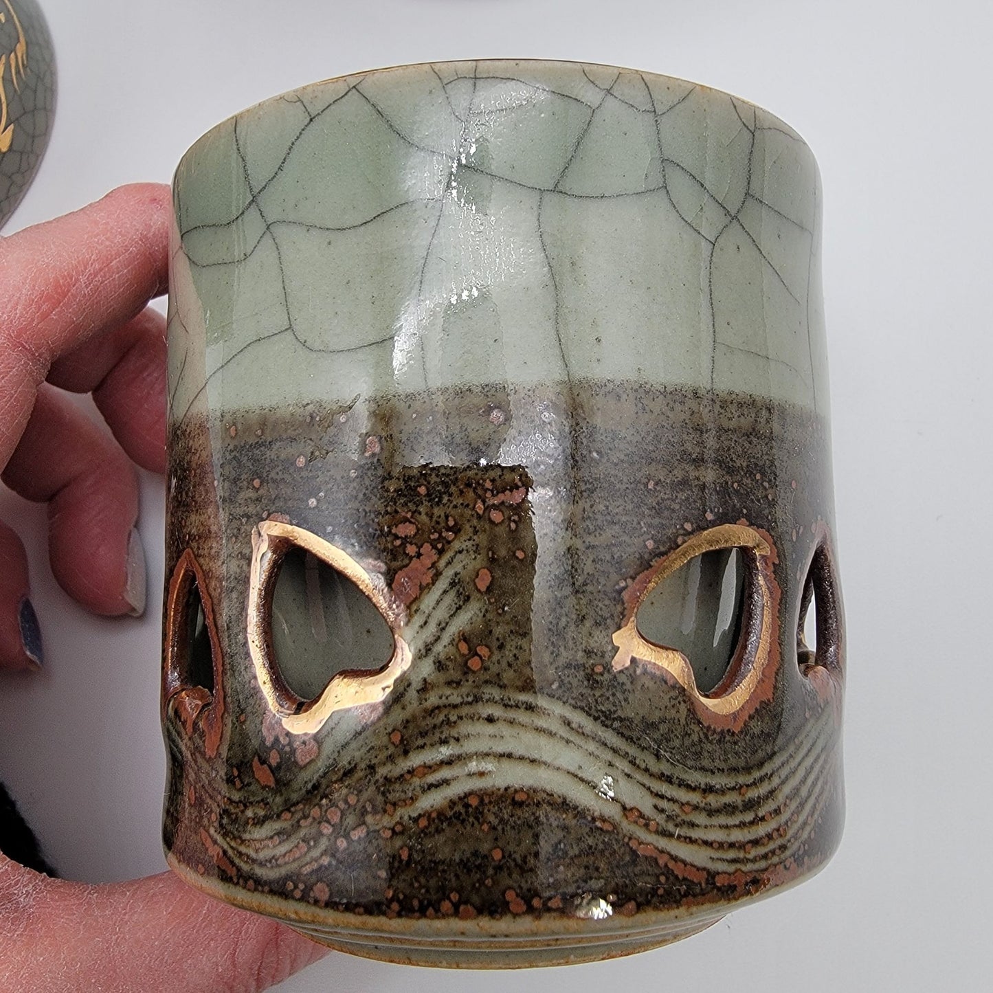 Vintage Somayaki Soma Ware Double Wall Tea Cups Set Of 5 Japanese Green Crackle