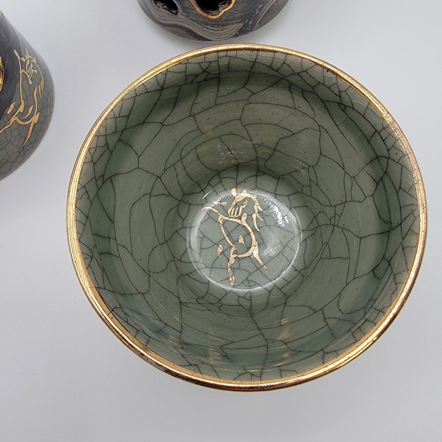 Vintage Somayaki Soma Ware Double Wall Tea Cups Set Of 5 Japanese Green Crackle