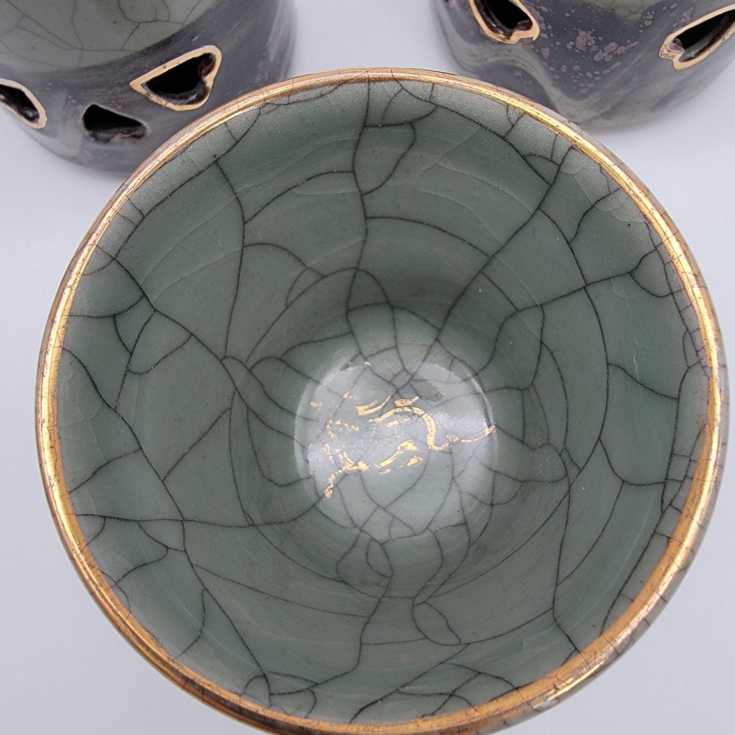Vintage Somayaki Soma Ware Double Wall Tea Cups Set Of 5 Japanese Green Crackle