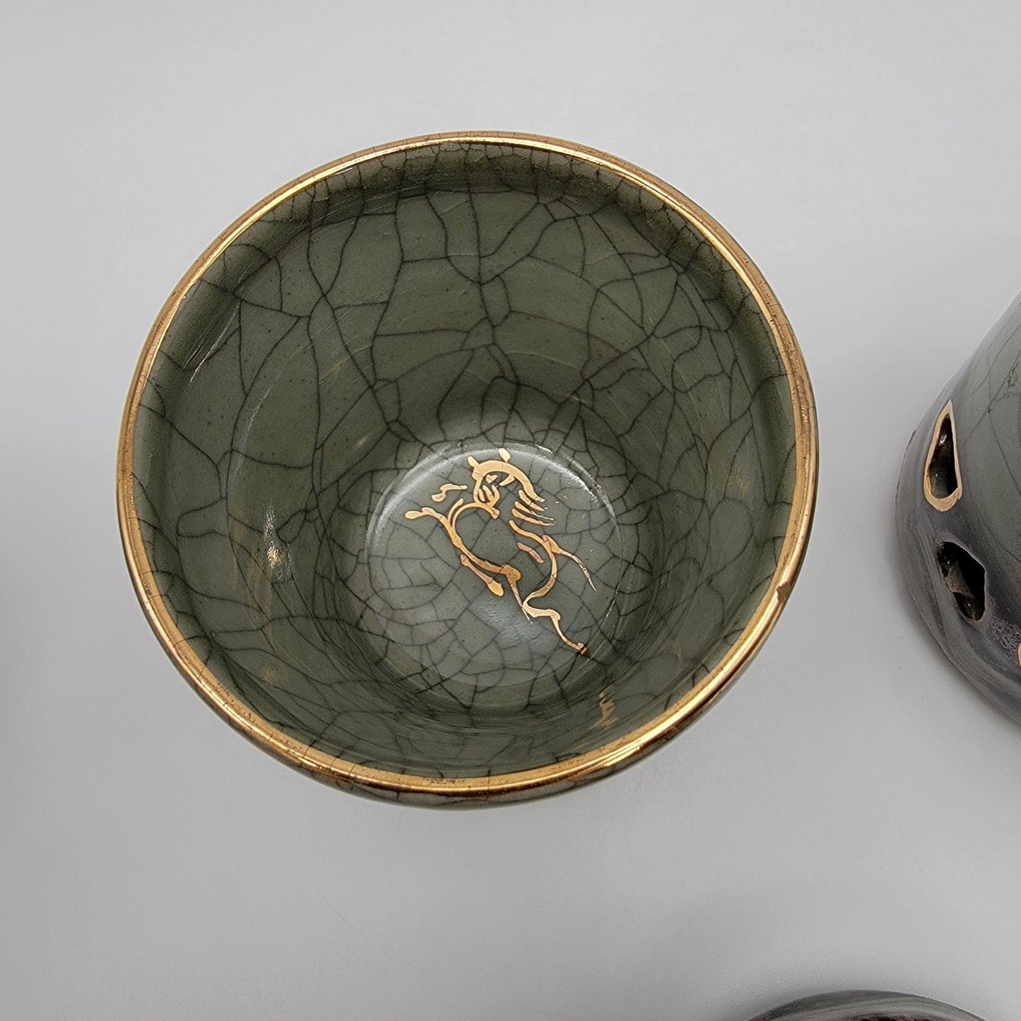 Vintage Somayaki Soma Ware Double Wall Tea Cups Set Of 5 Japanese Green Crackle
