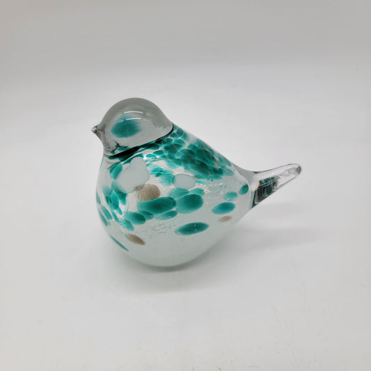 Art Glass Bird Sculpture With Green & White Polka Speckled