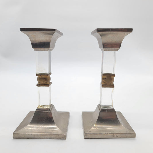 1960s Hollywood Regency Lucite and Metal Candlesticks Pair