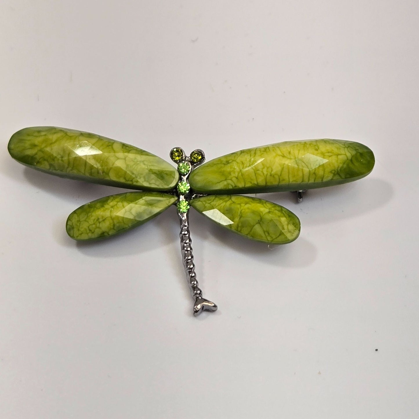 Vintage Green Dragonfly Brooch With Faceted Wings & Rhinestone Accents