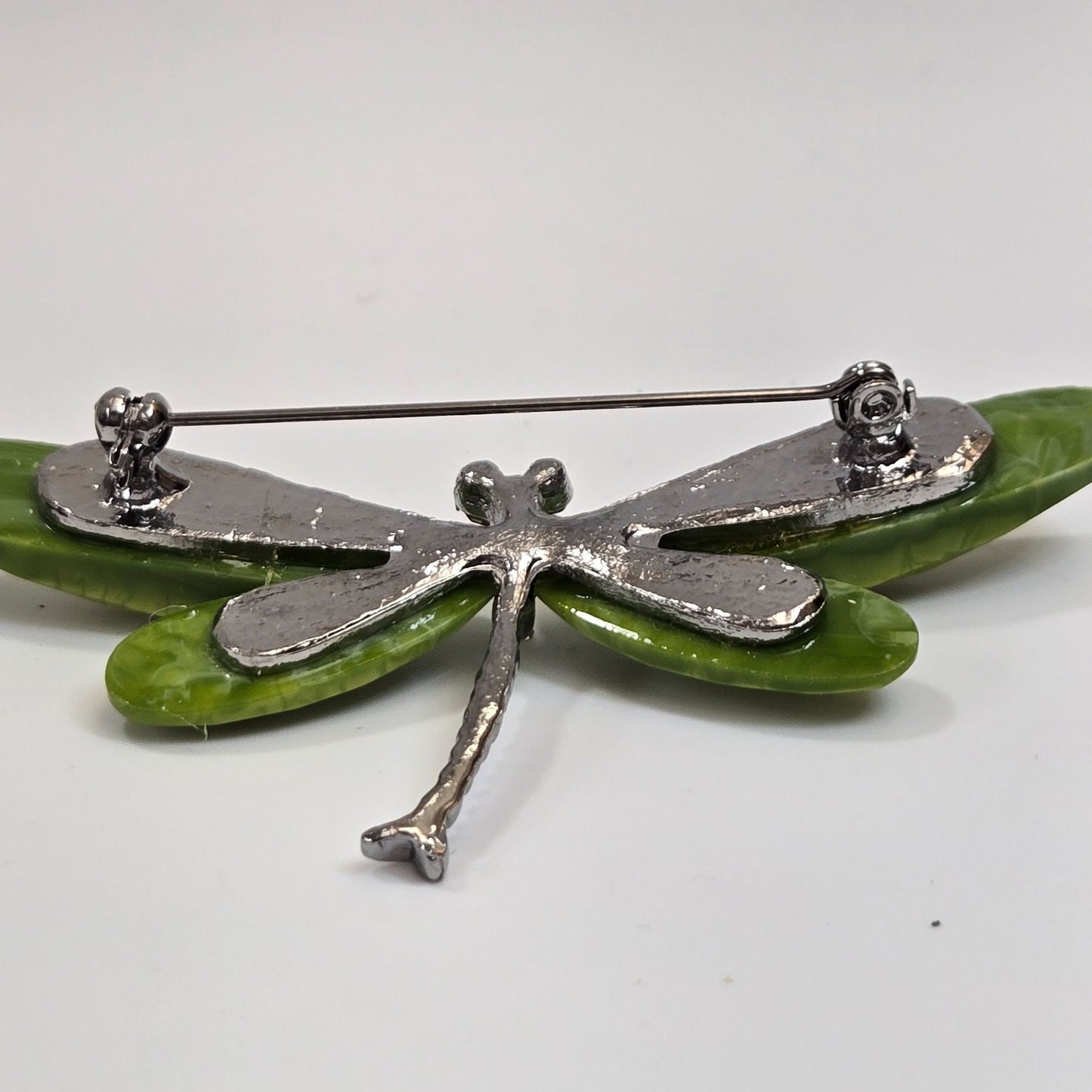 Vintage Green Dragonfly Brooch With Faceted Wings & Rhinestone Accents