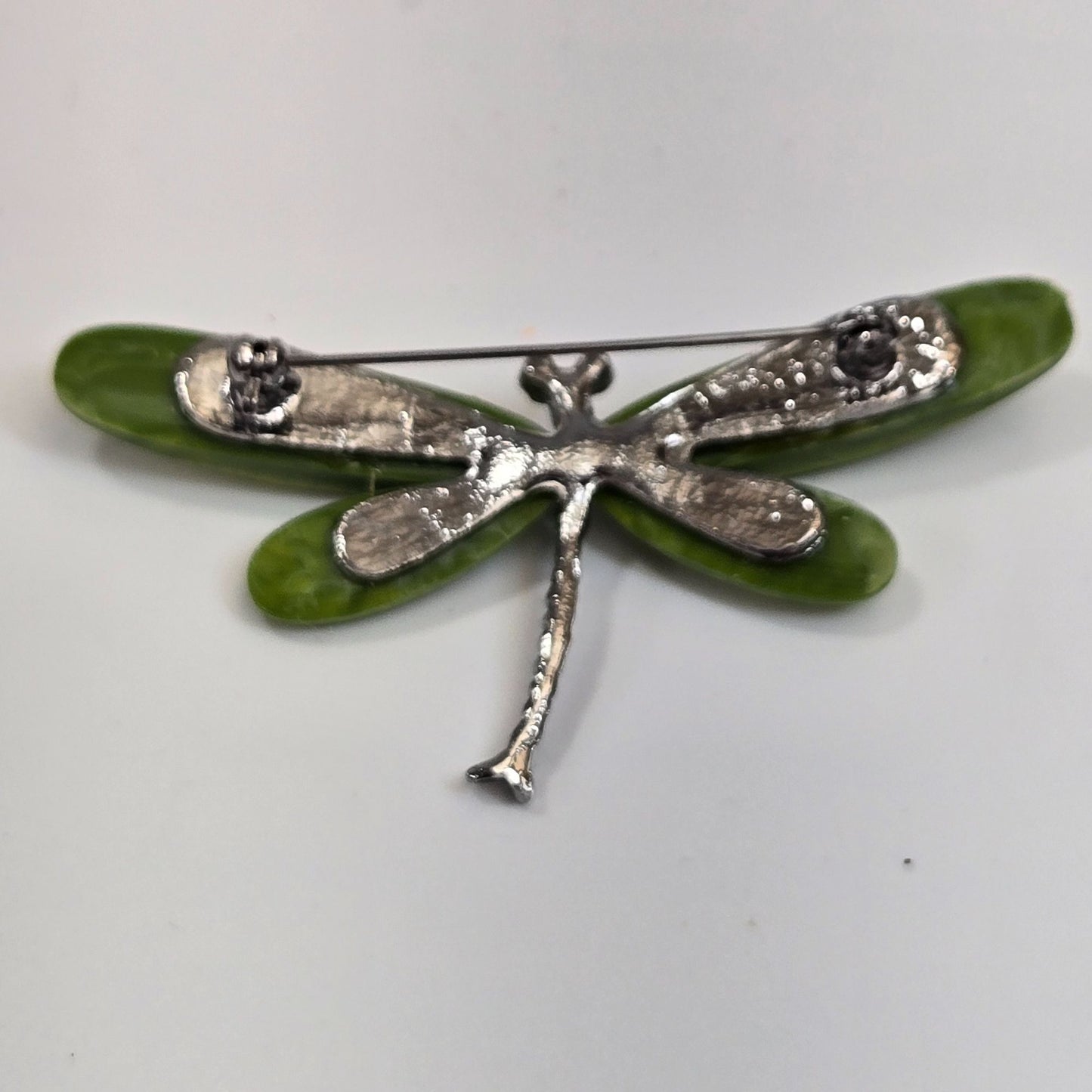 Vintage Green Dragonfly Brooch With Faceted Wings & Rhinestone Accents