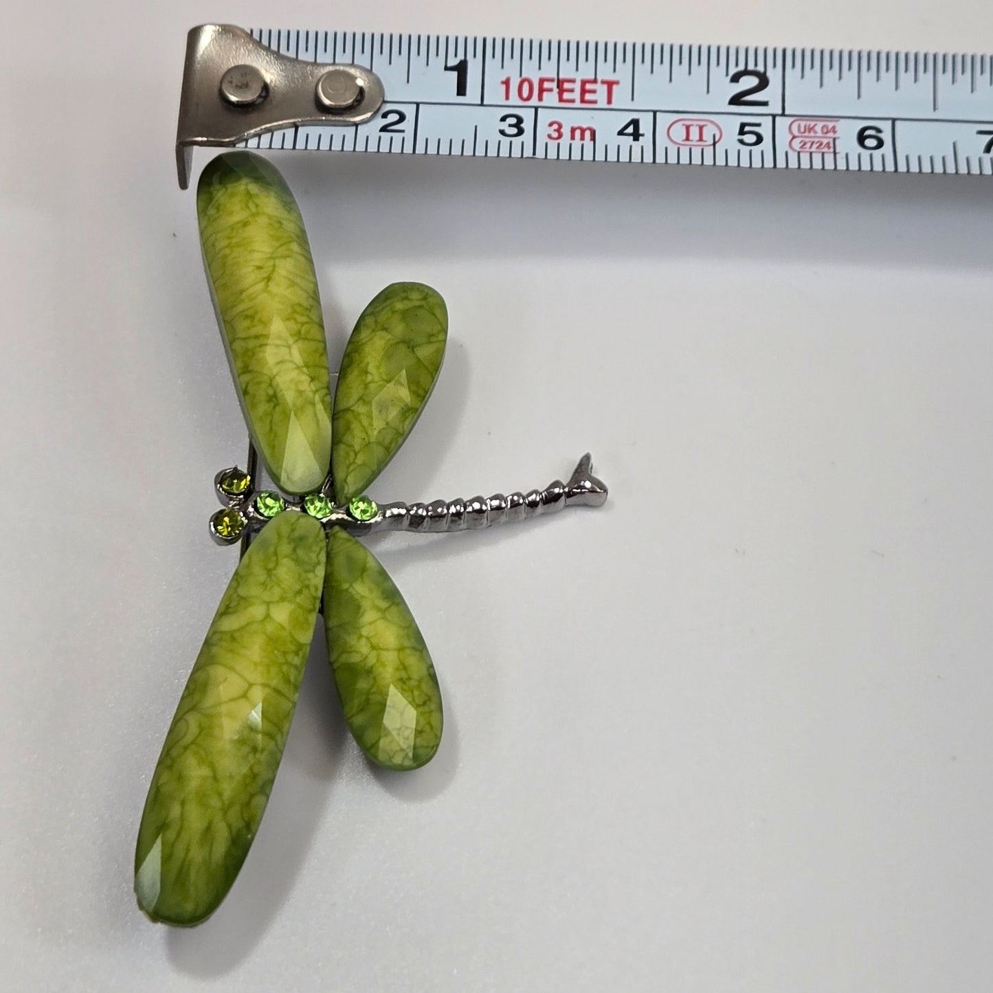 Vintage Green Dragonfly Brooch With Faceted Wings & Rhinestone Accents