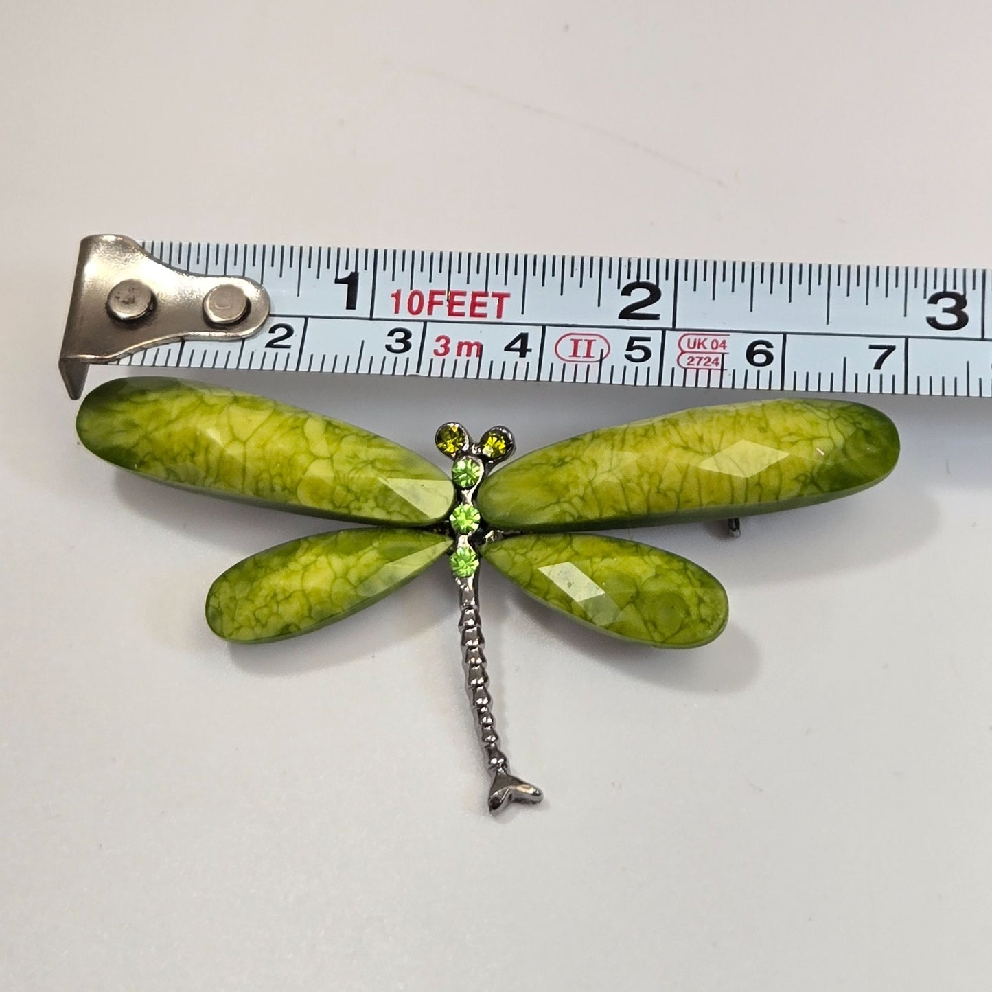 Vintage Green Dragonfly Brooch With Faceted Wings & Rhinestone Accents