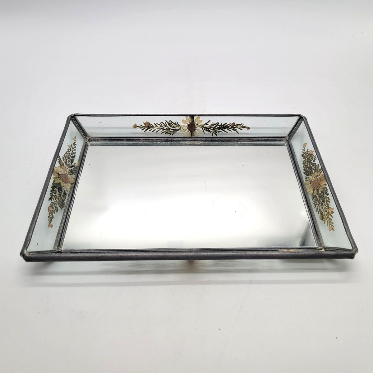 1980s Vintage Mirror Glass Tray With Pressed Flowers By International Silver Co.