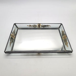 1980s Vintage Mirror Glass Tray With Pressed Flowers By International Silver Co.