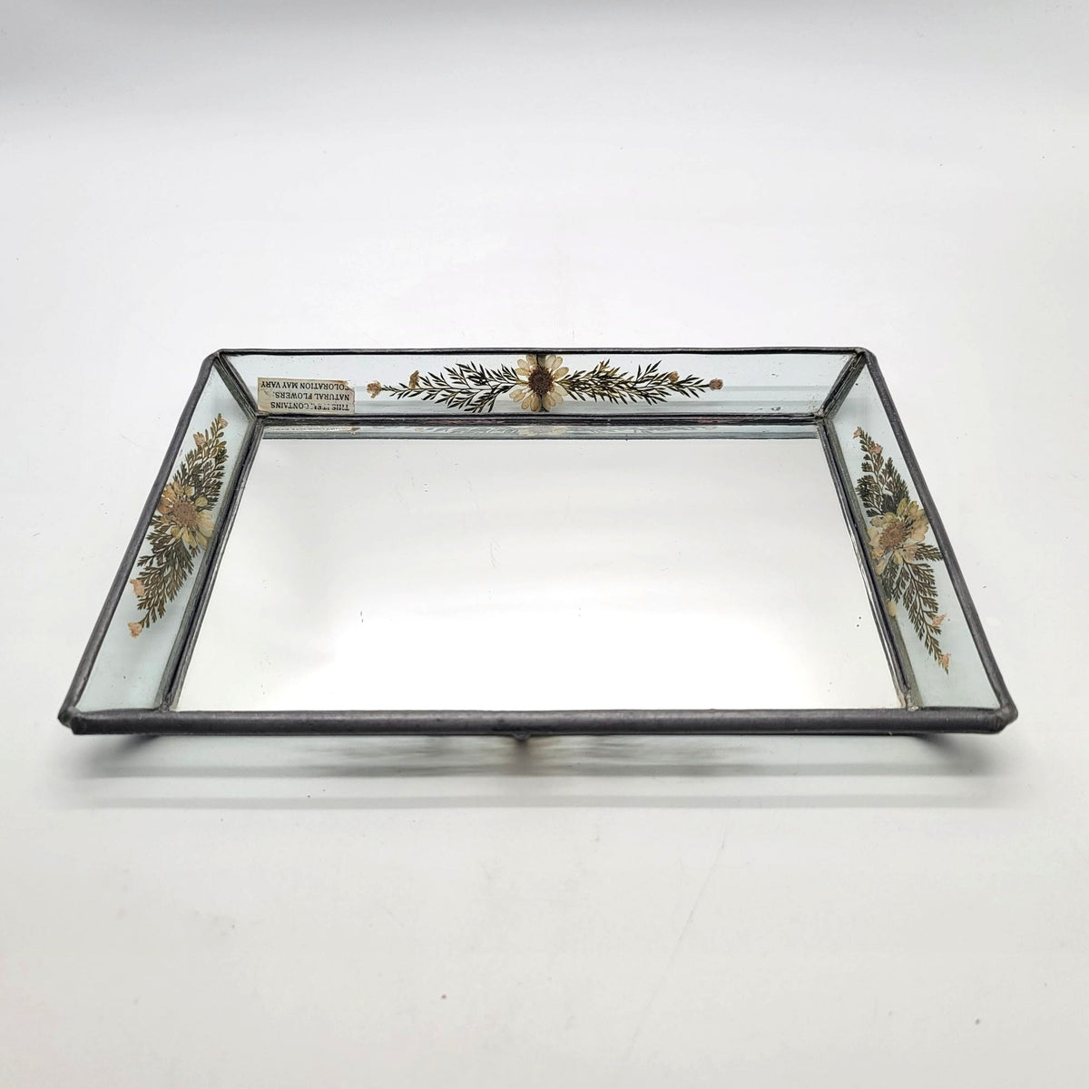 1980s Vintage Mirror Glass Tray With Pressed Flowers By International Silver Co.