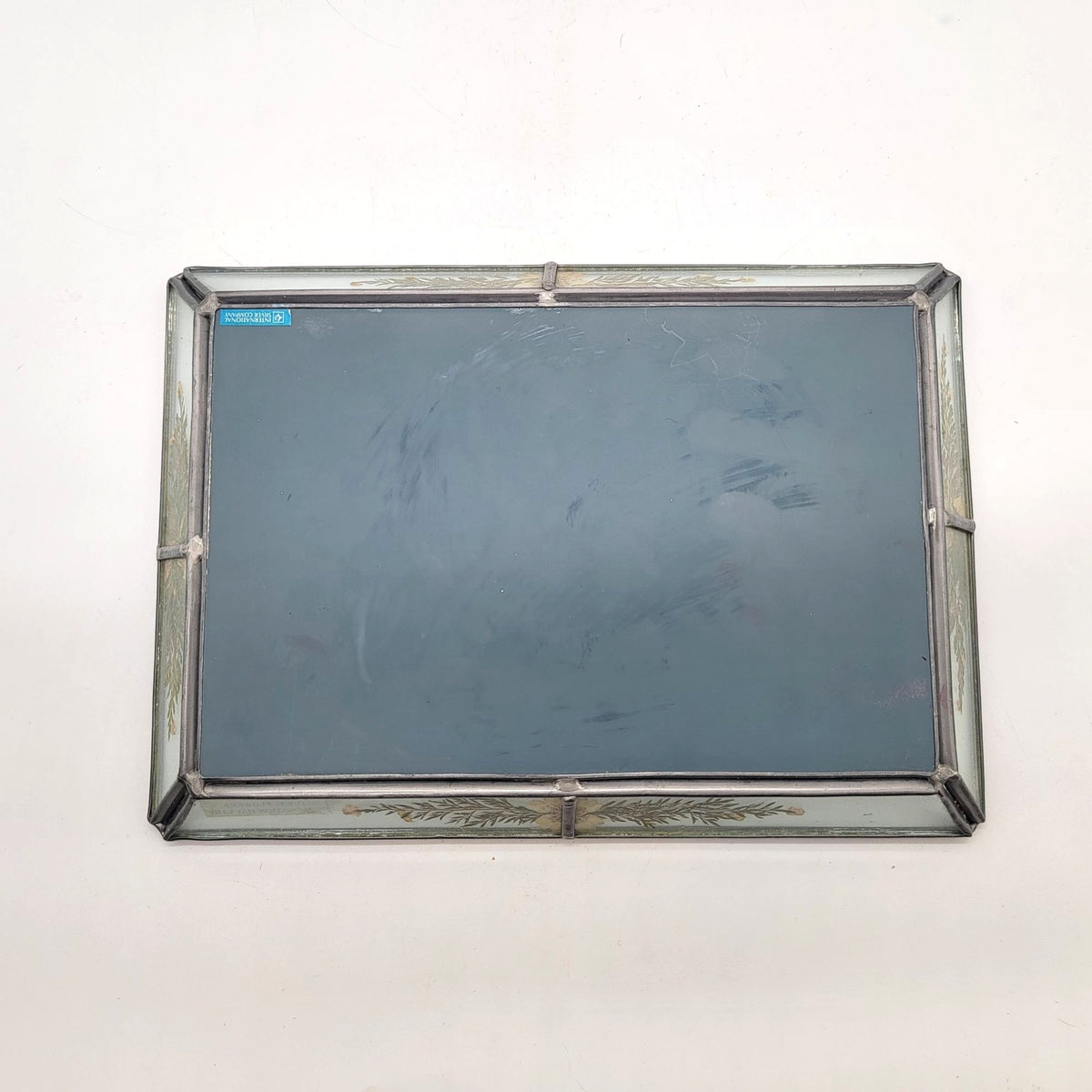 1980s Vintage Mirror Glass Tray With Pressed Flowers By International Silver Co.