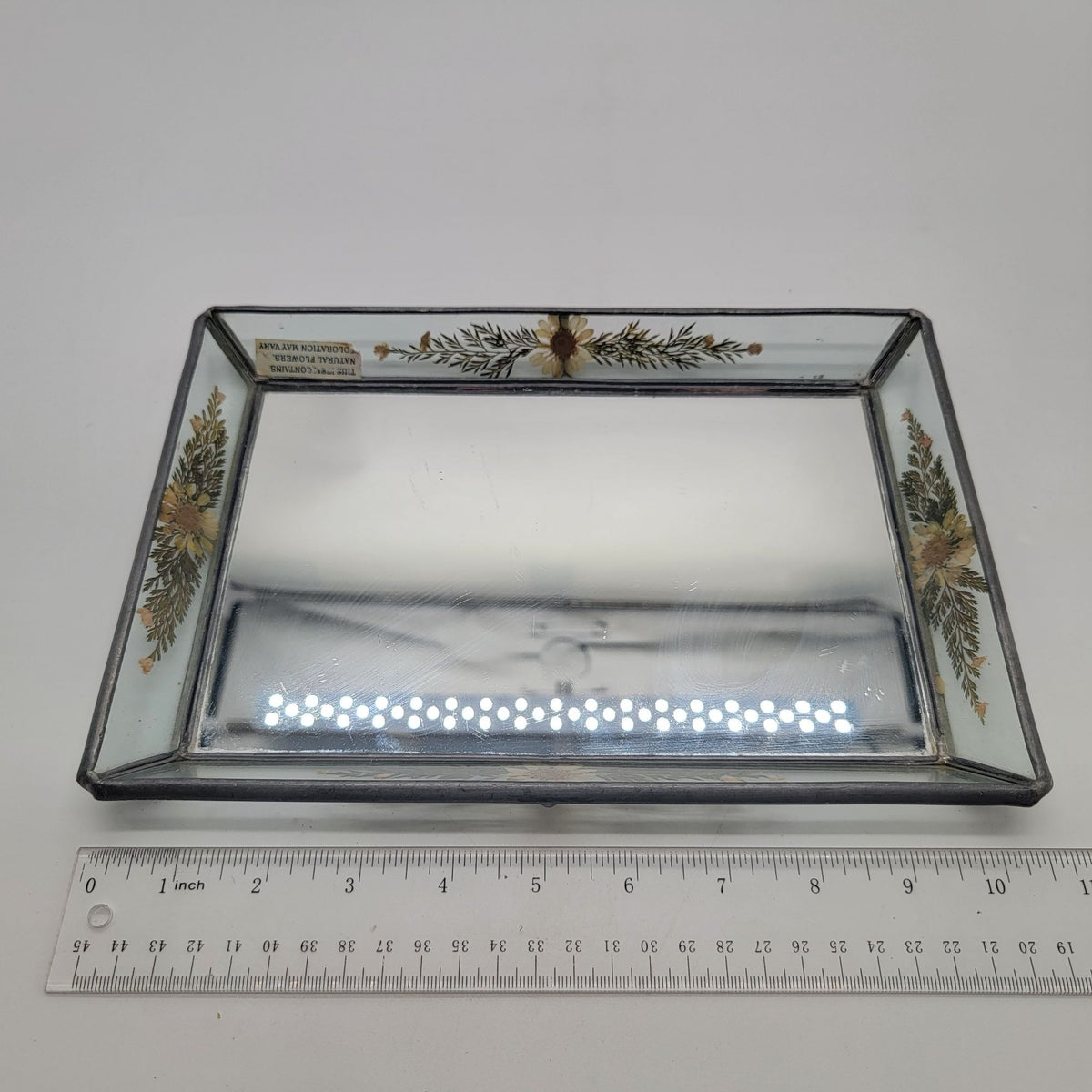 1980s Vintage Mirror Glass Tray With Pressed Flowers By International Silver Co.