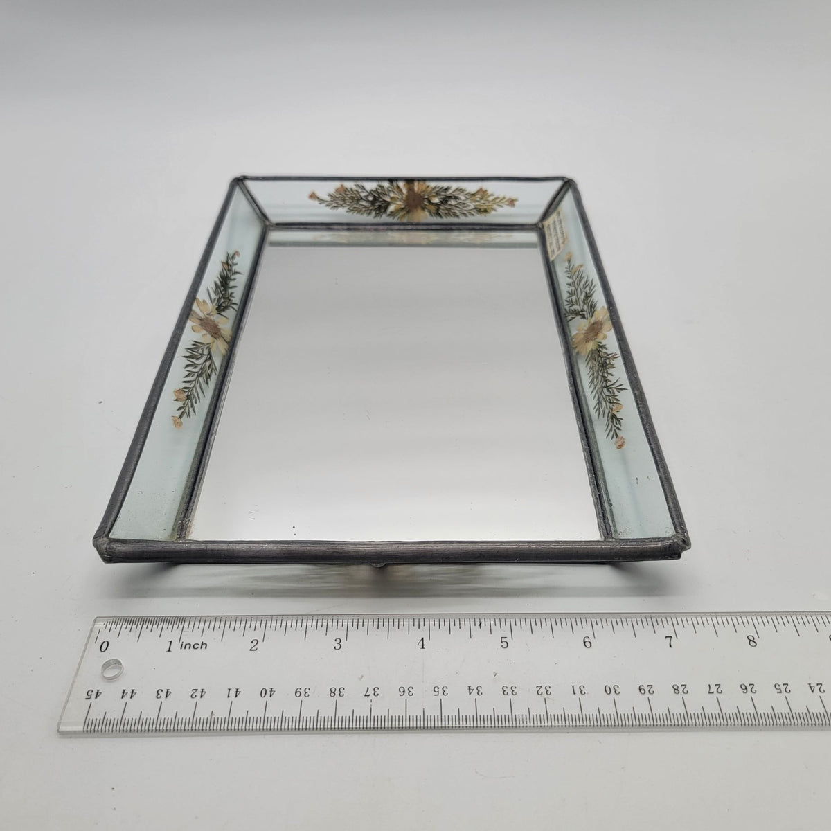 1980s Vintage Mirror Glass Tray With Pressed Flowers By International Silver Co.