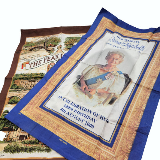 Pair of Vintage British Tea Towels - 1982 The Peak District  & 2000 Her Majesty Queen Elizabeth The Queen Mother