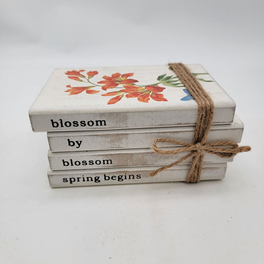 Decorative Wooden Book Stack With Floral Design & Twine