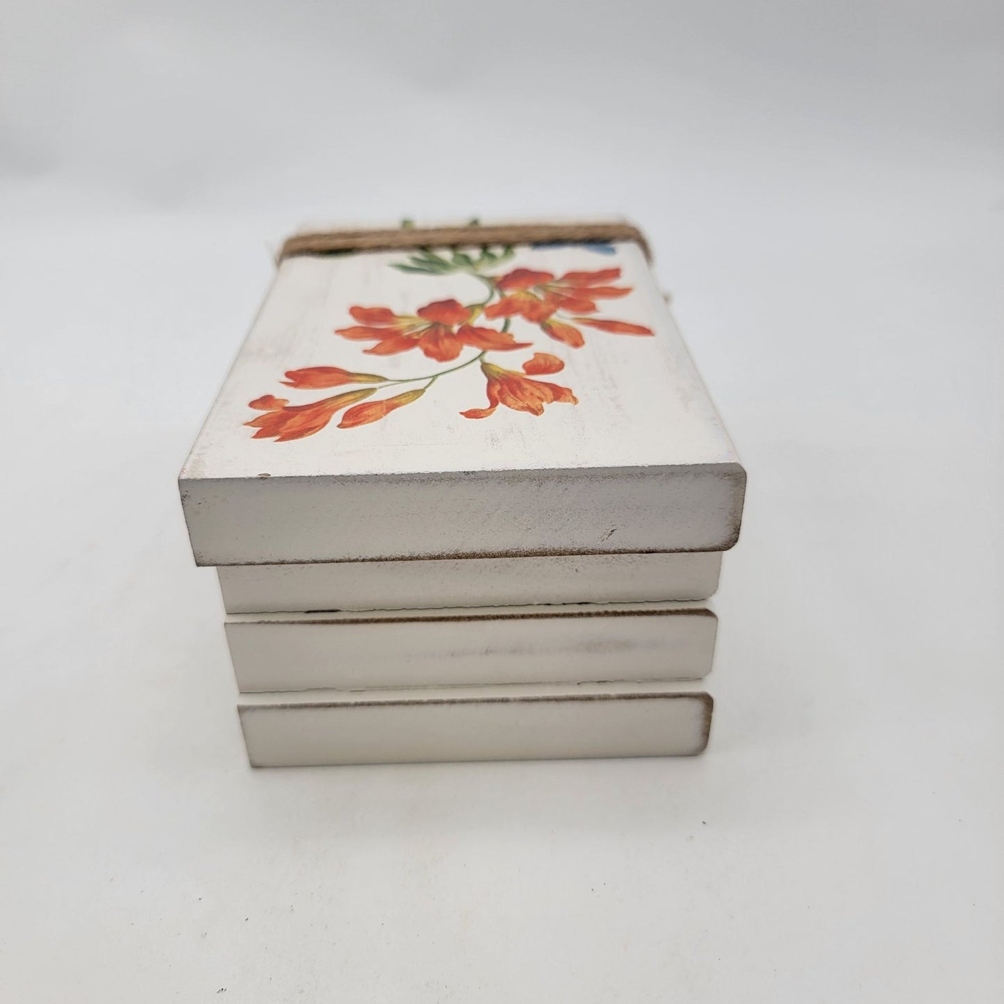 Decorative Wooden Book Stack With Floral Design & Twine