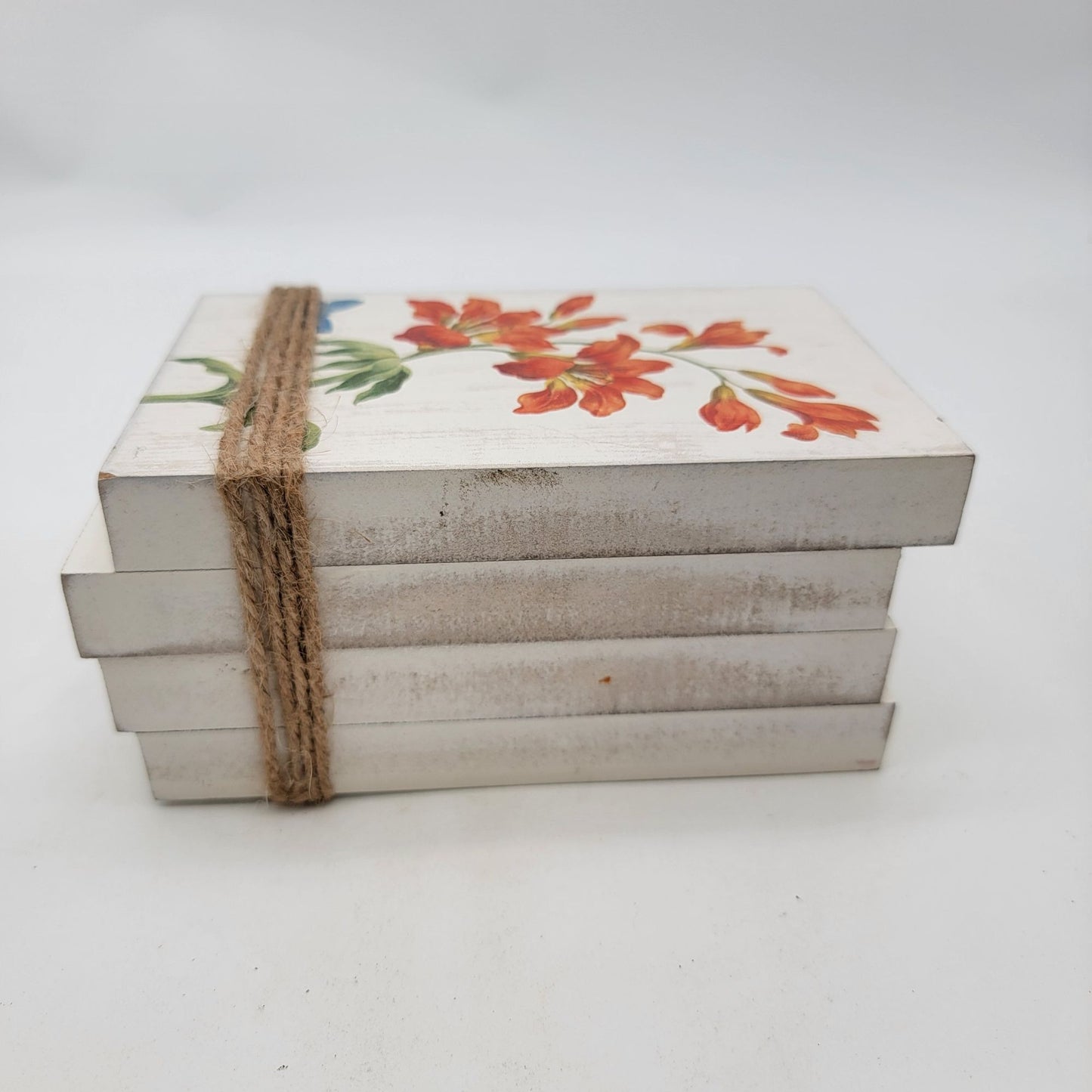 Decorative Wooden Book Stack With Floral Design & Twine