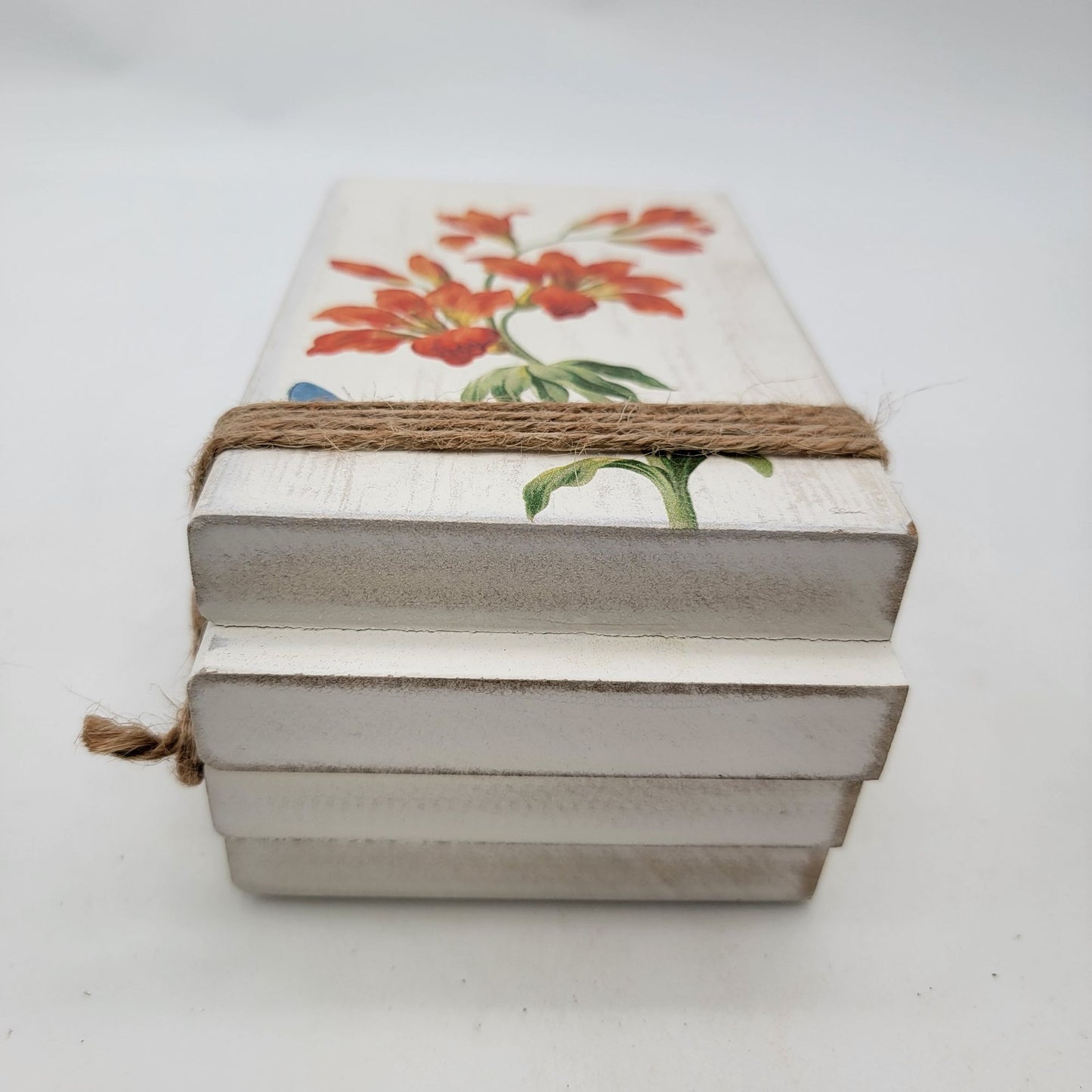 Decorative Wooden Book Stack With Floral Design & Twine