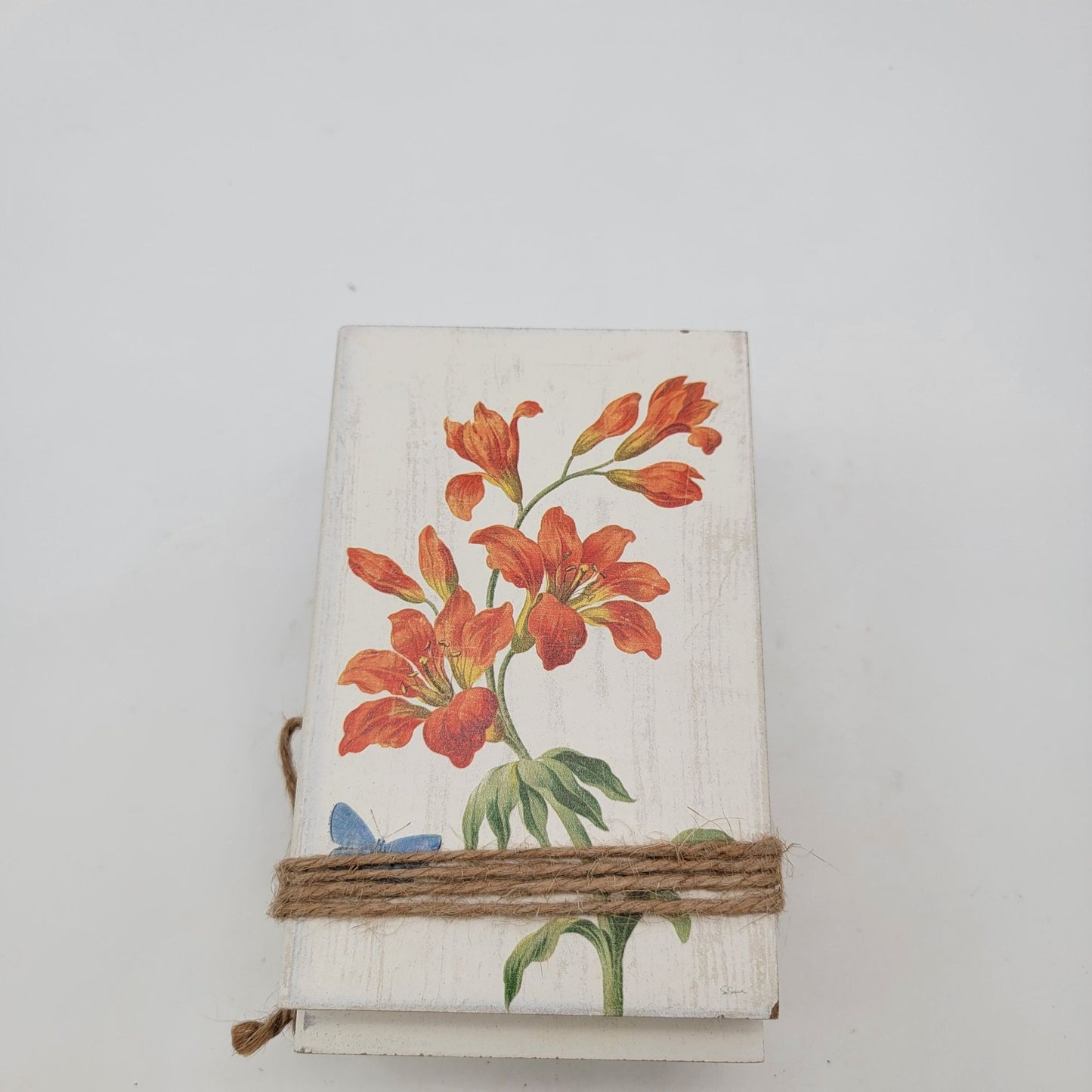 Decorative Wooden Book Stack With Floral Design & Twine
