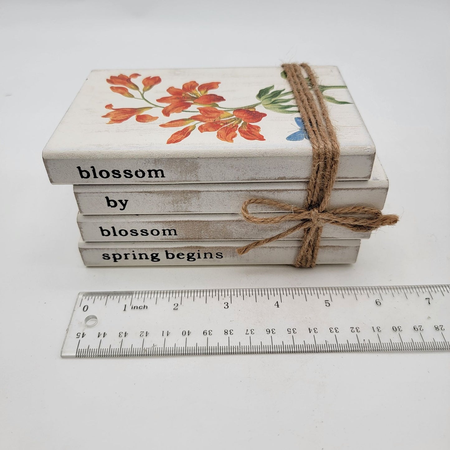 Decorative Wooden Book Stack With Floral Design & Twine