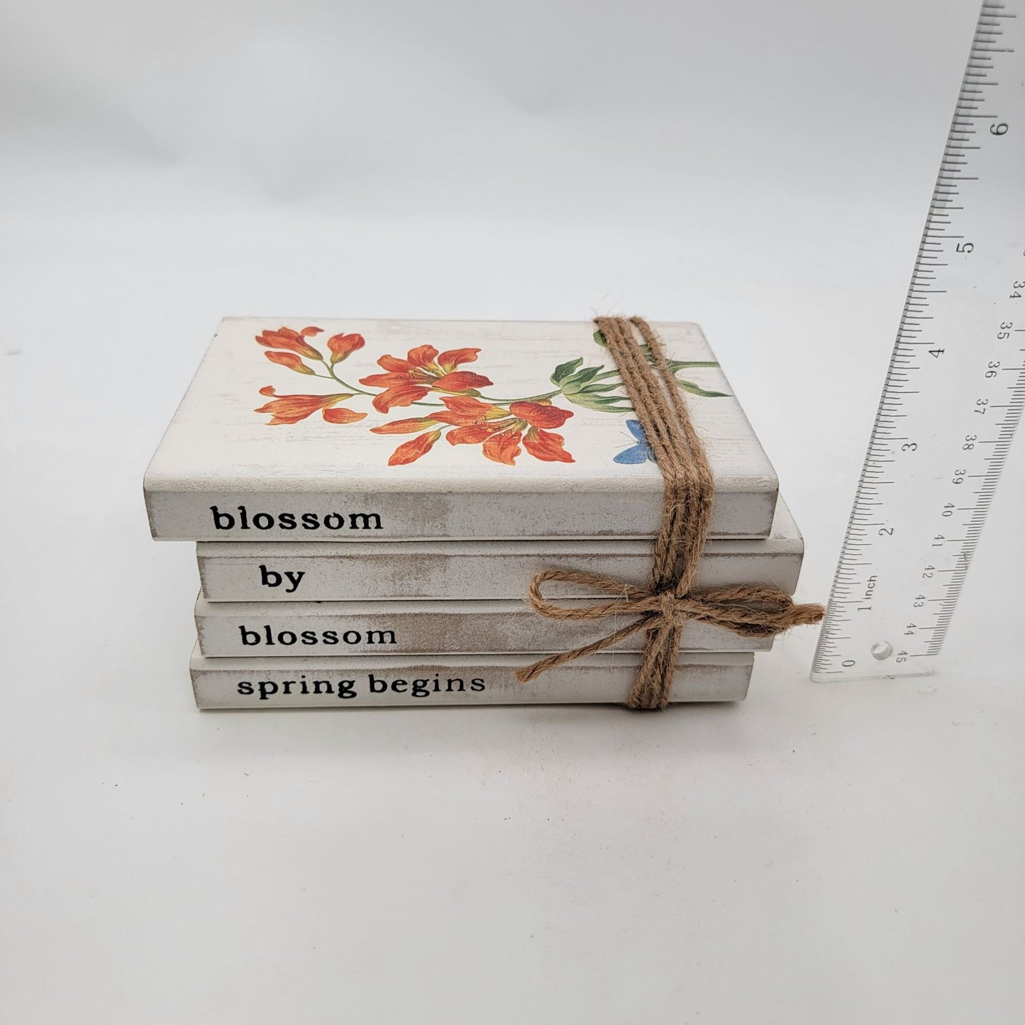 Decorative Wooden Book Stack With Floral Design & Twine