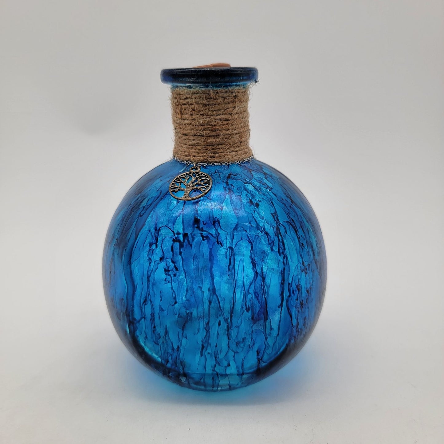 Hand Painted Blue Glass Bottle With Tree Of Life Charm & Cork Stopper Decorative Vase