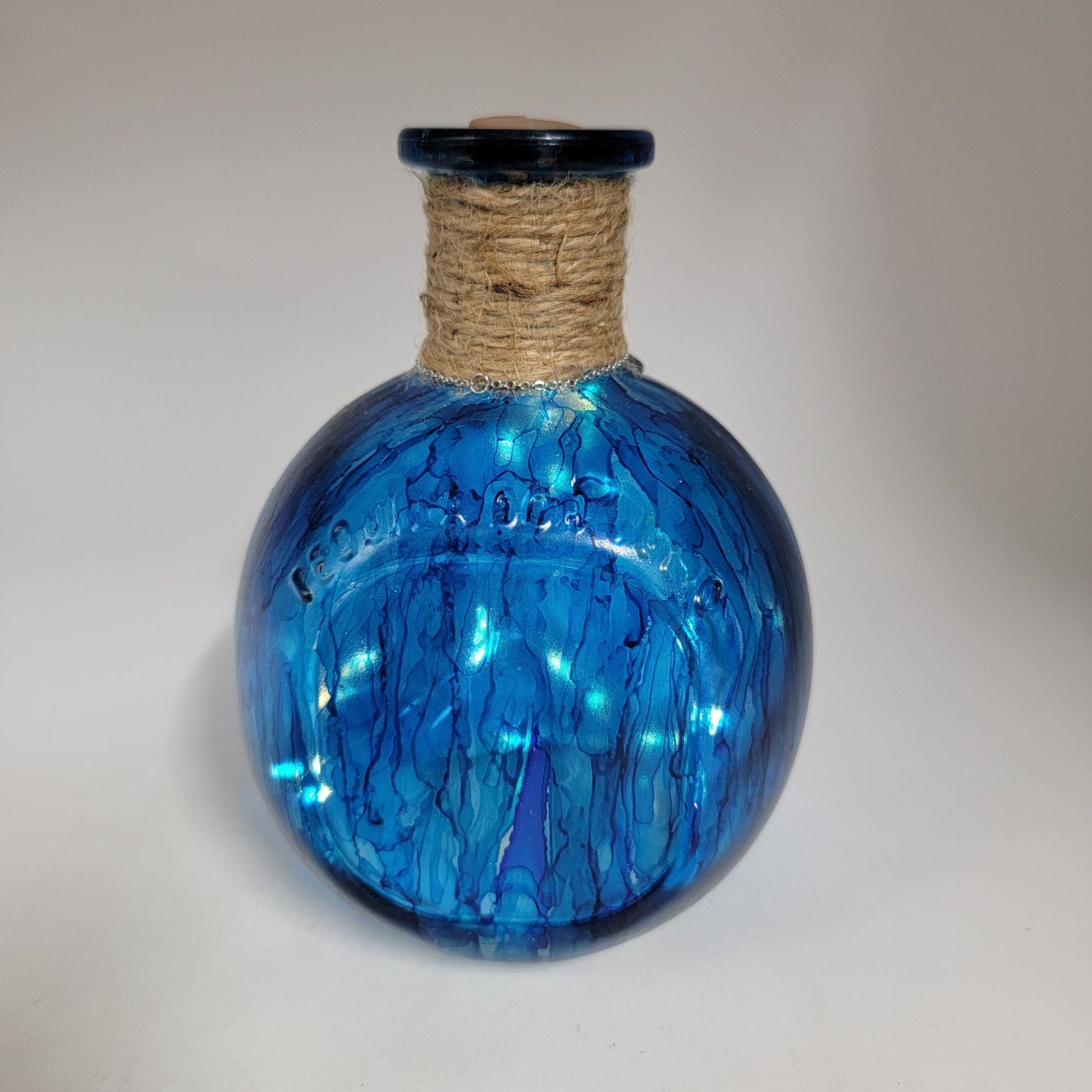 Hand Painted Blue Glass Bottle With Tree Of Life Charm & Cork Stopper Decorative Vase