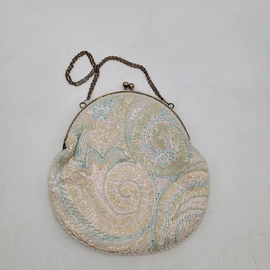 Vintage White Beaded Evening Clutch Purse With Chain Strap