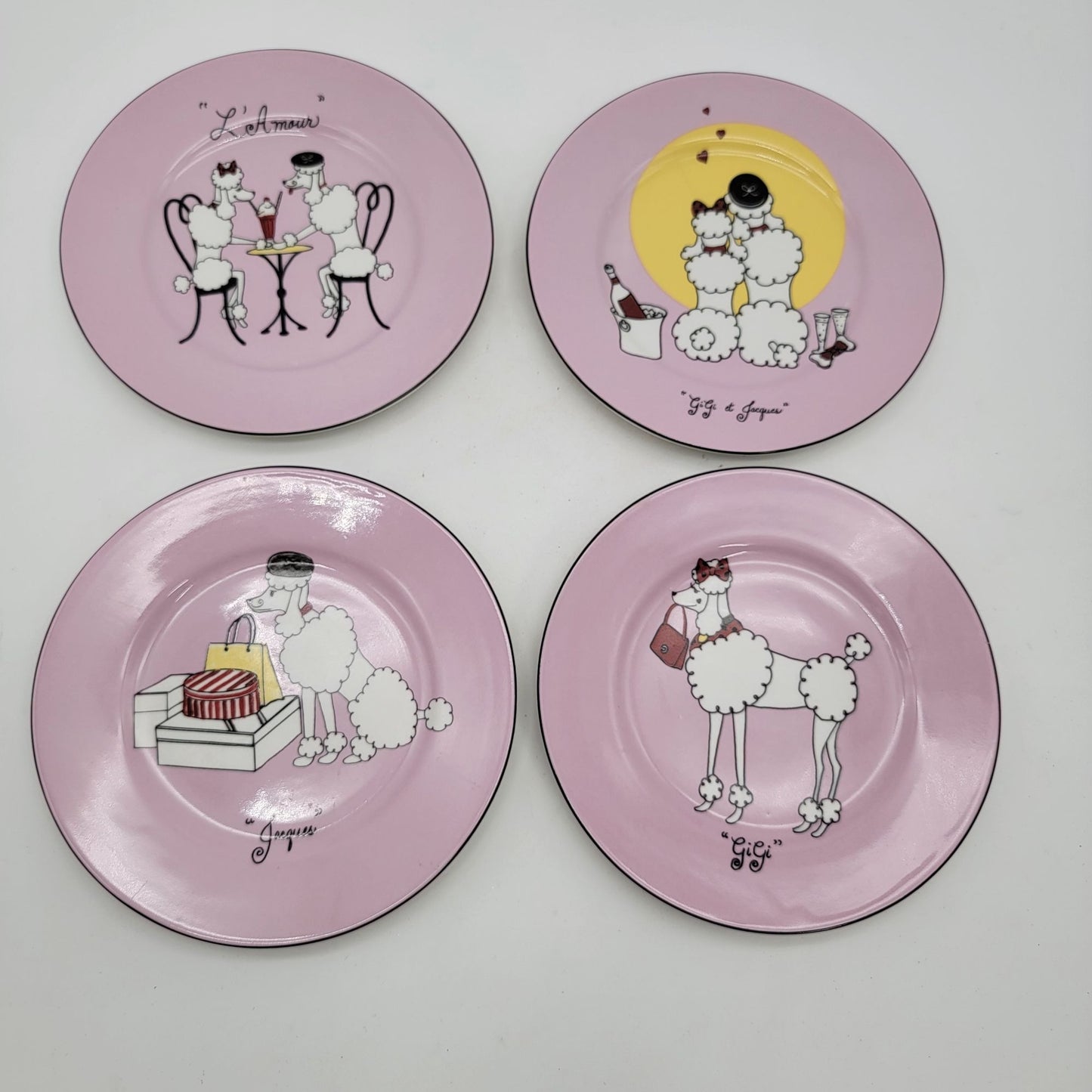 American Atelier Poodle Themed Pink Dessert Plates Set Of 4