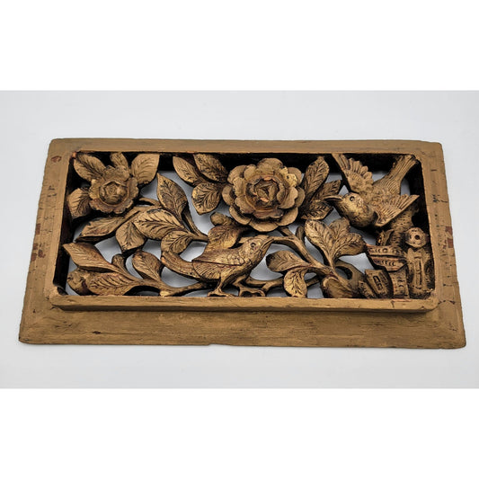 Vintage Gilded Hand-Carved Wood Relief Panel Birds & Flowers