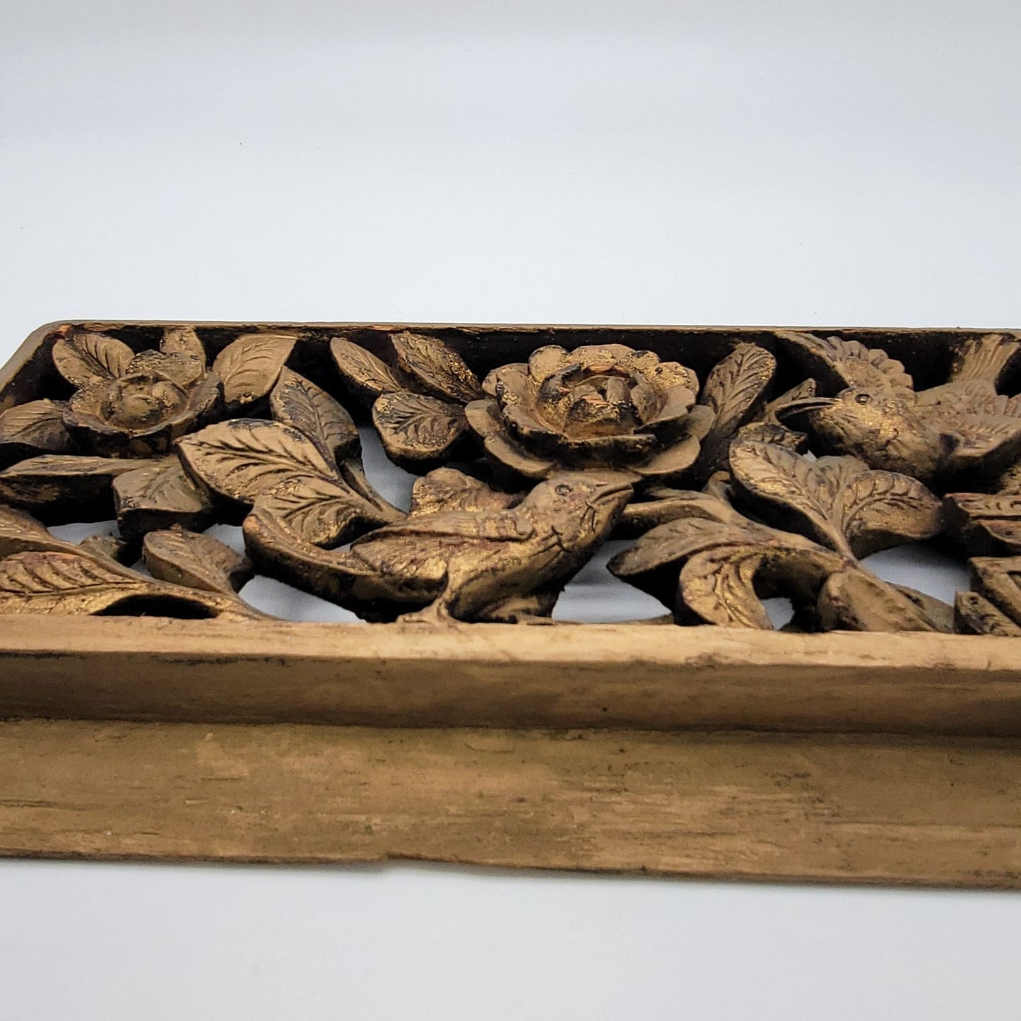 Vintage Gilded Hand-Carved Wood Relief Panel Birds & Flowers