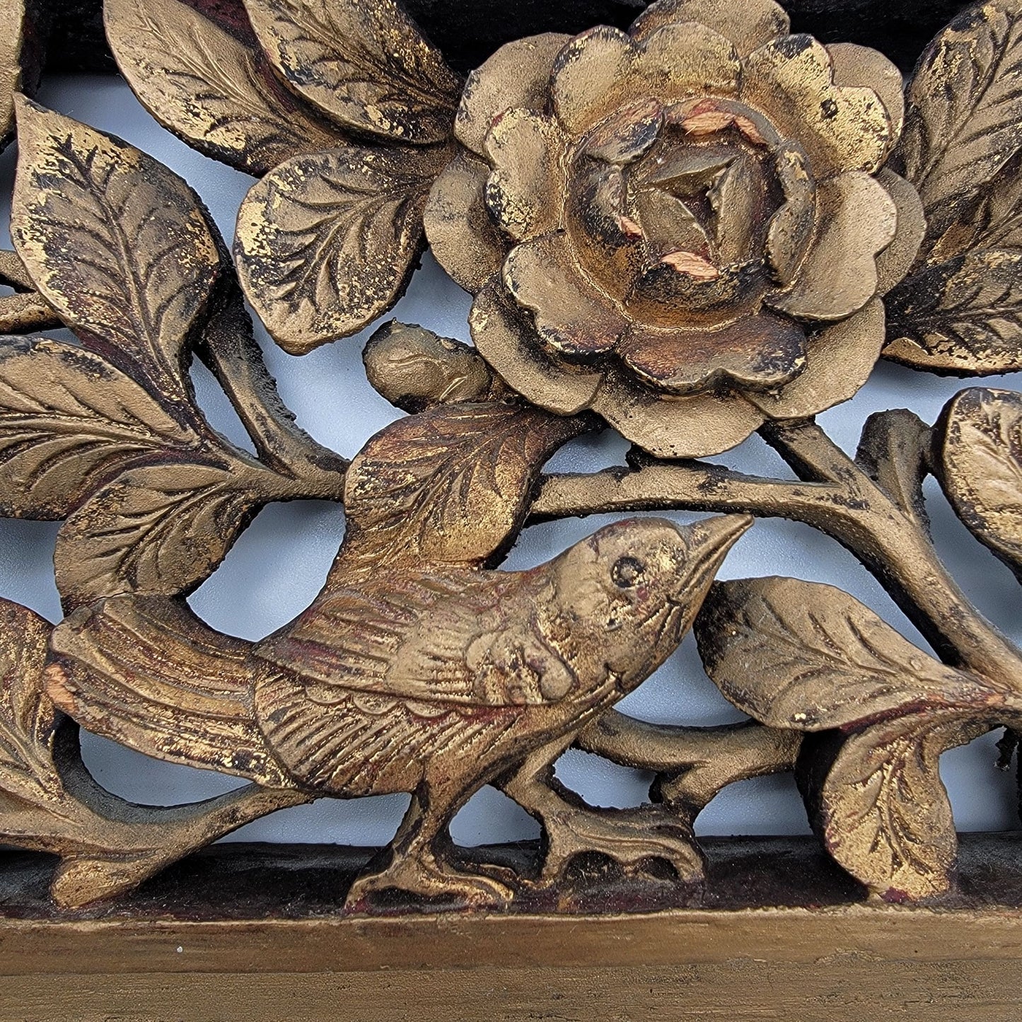 Vintage Gilded Hand-Carved Wood Relief Panel Birds & Flowers