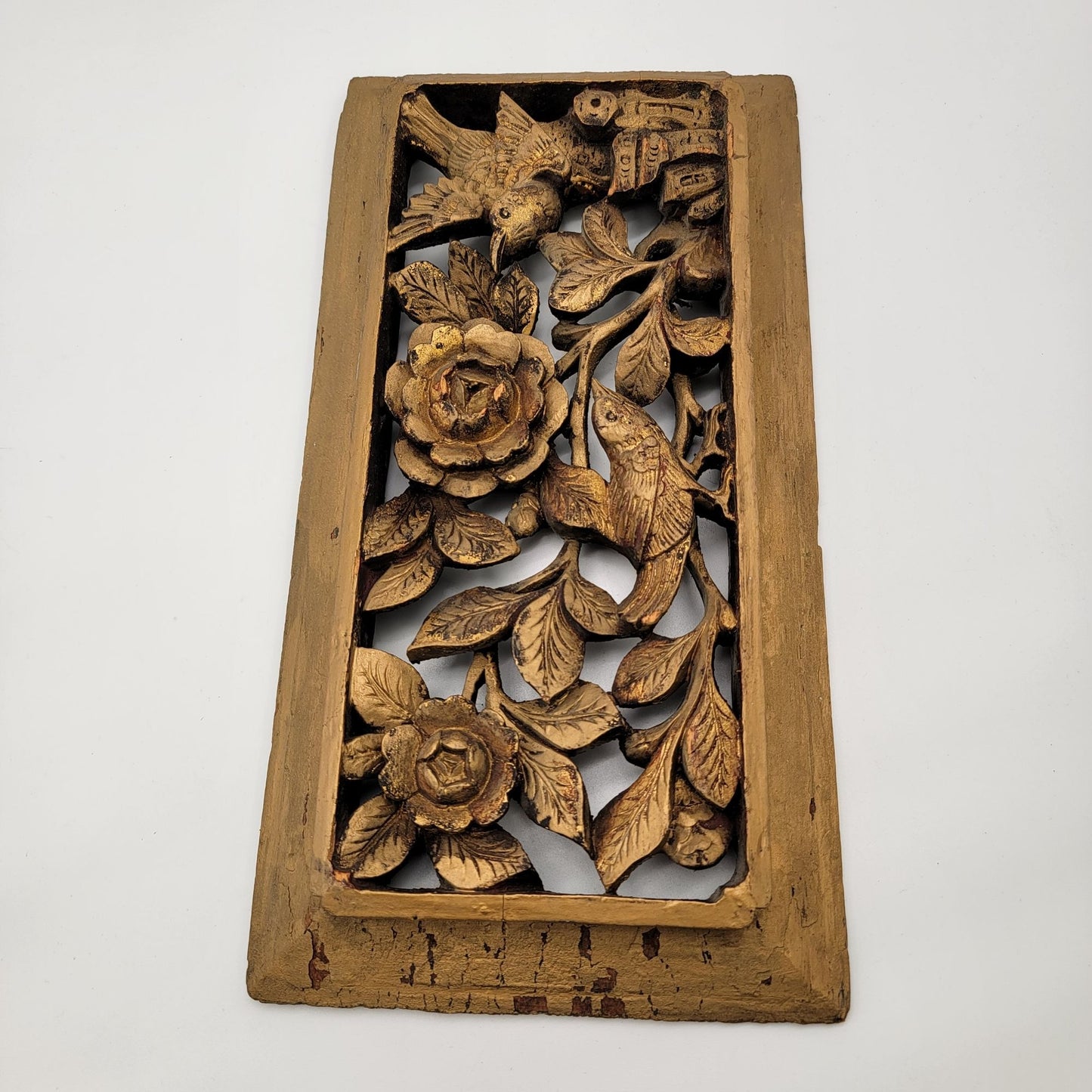 Vintage Gilded Hand-Carved Wood Relief Panel Birds & Flowers
