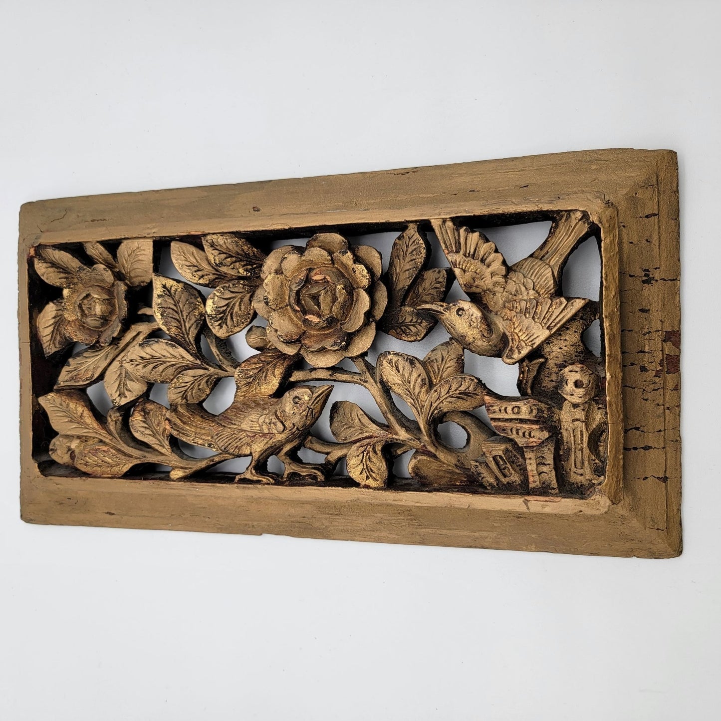 Vintage Gilded Hand-Carved Wood Relief Panel Birds & Flowers