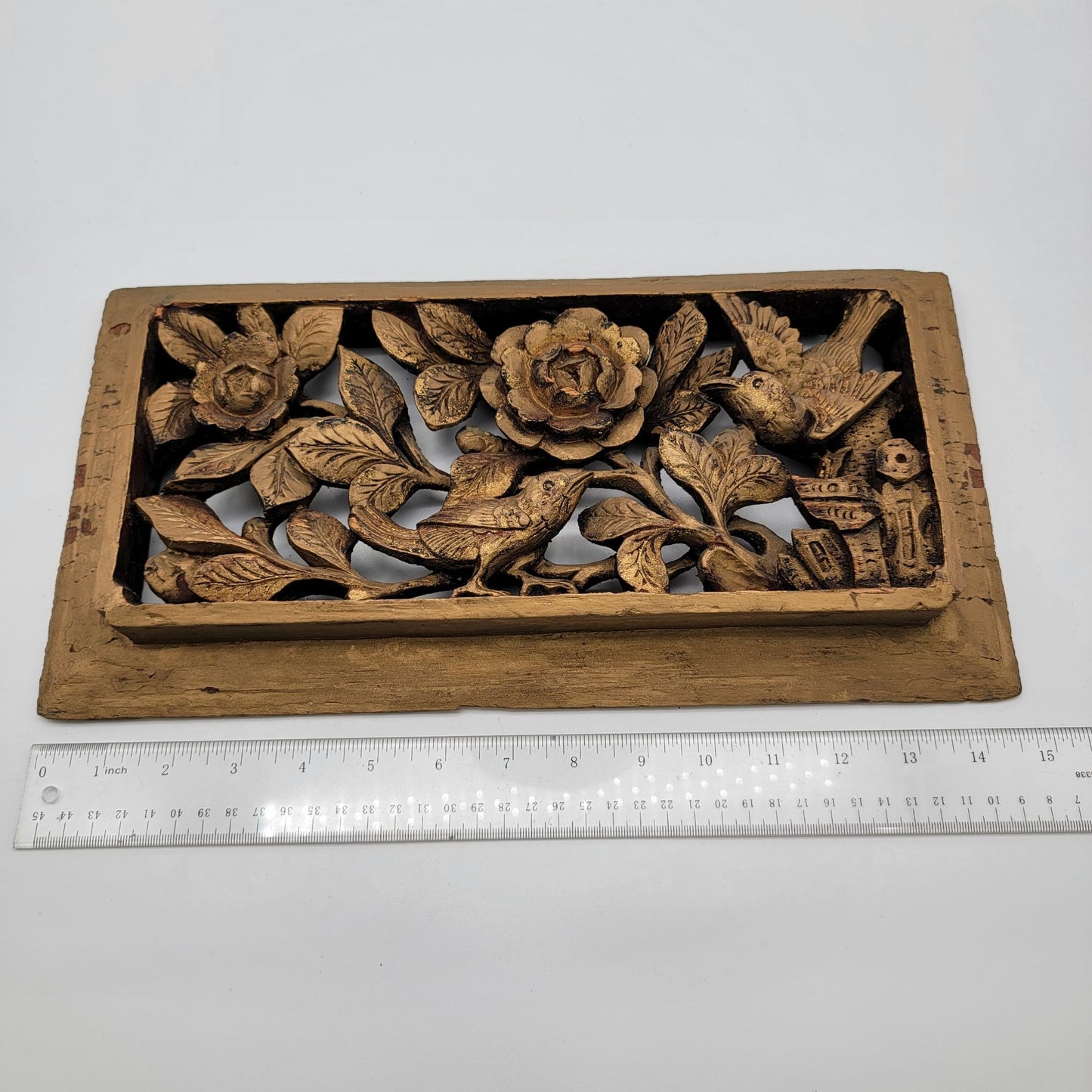 Vintage Gilded Hand-Carved Wood Relief Panel Birds & Flowers