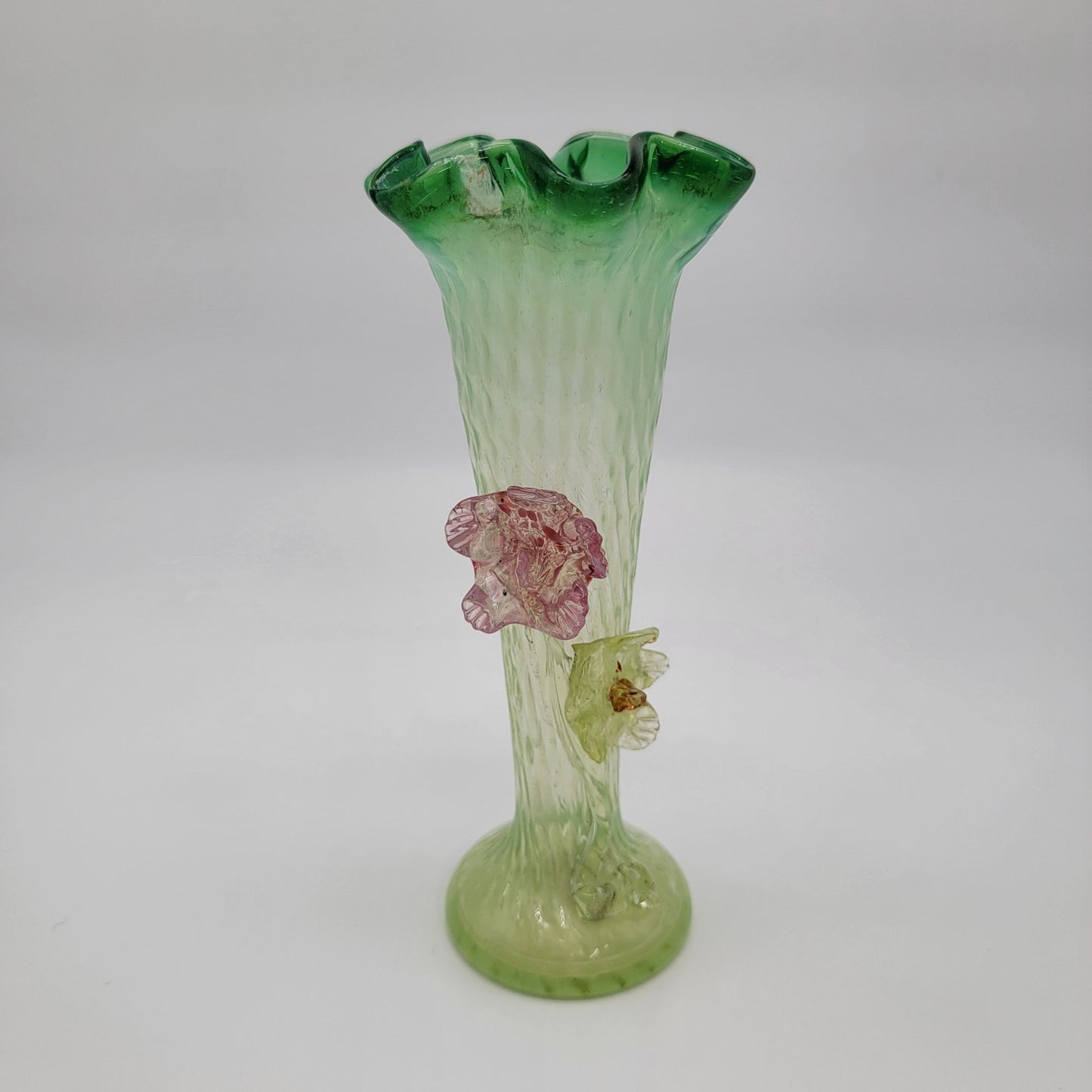 Antique Bohemian Art Glass Vase With Applied Flowers Victorian Era