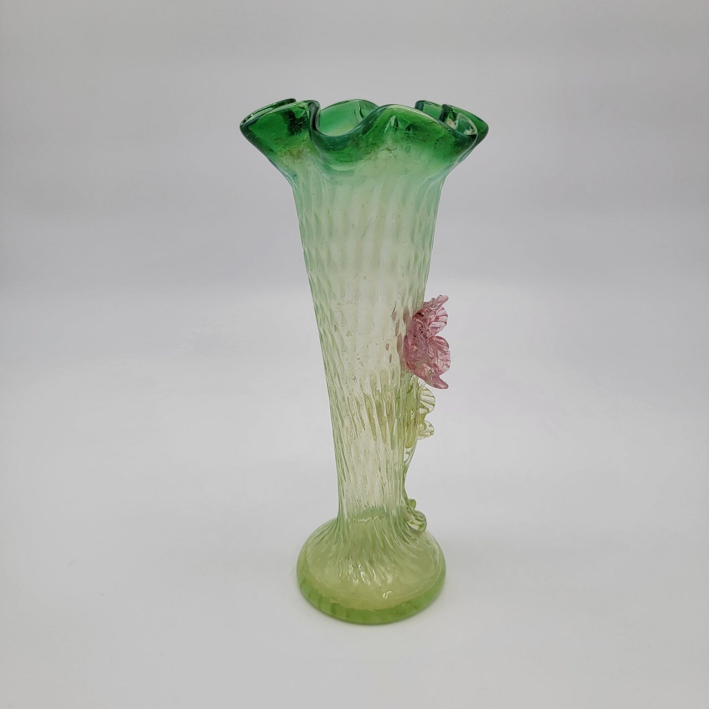 Antique Bohemian Art Glass Vase With Applied Flowers Victorian Era